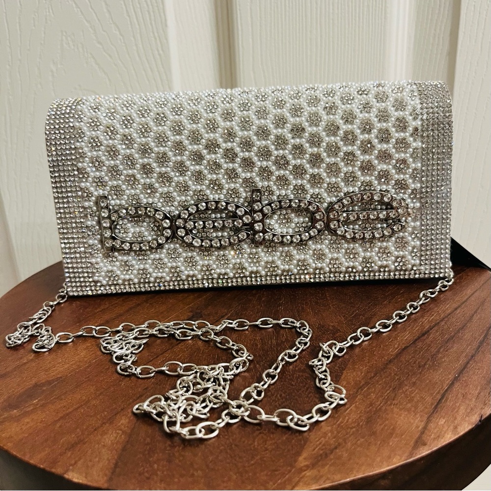 bebe Luxor Silver Crystal Clutch Evening Bag NWT Rhinestone Logo Sparkly Prom